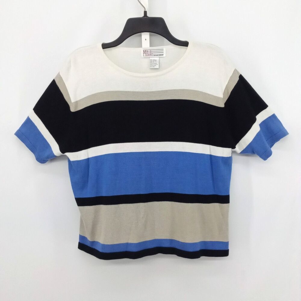 Milano Blouse Womens Medium Multicolor Striped Short Sleeve Round Neck Knit Top